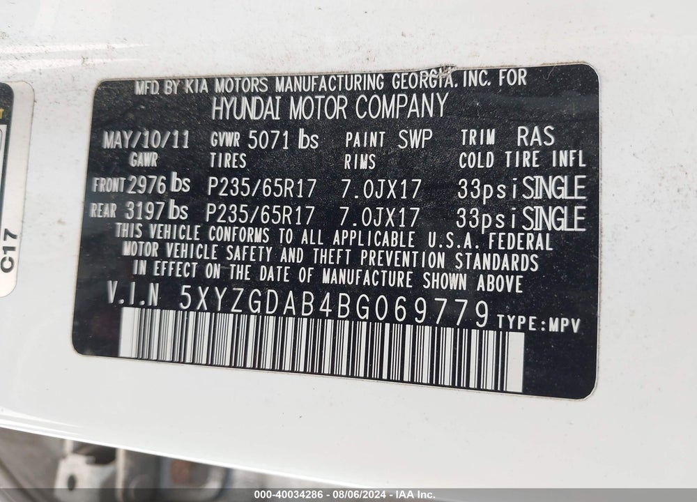 2011 HYUNDAI SANTA FE GLS VIN: 5XYZGDAB4BG069779
