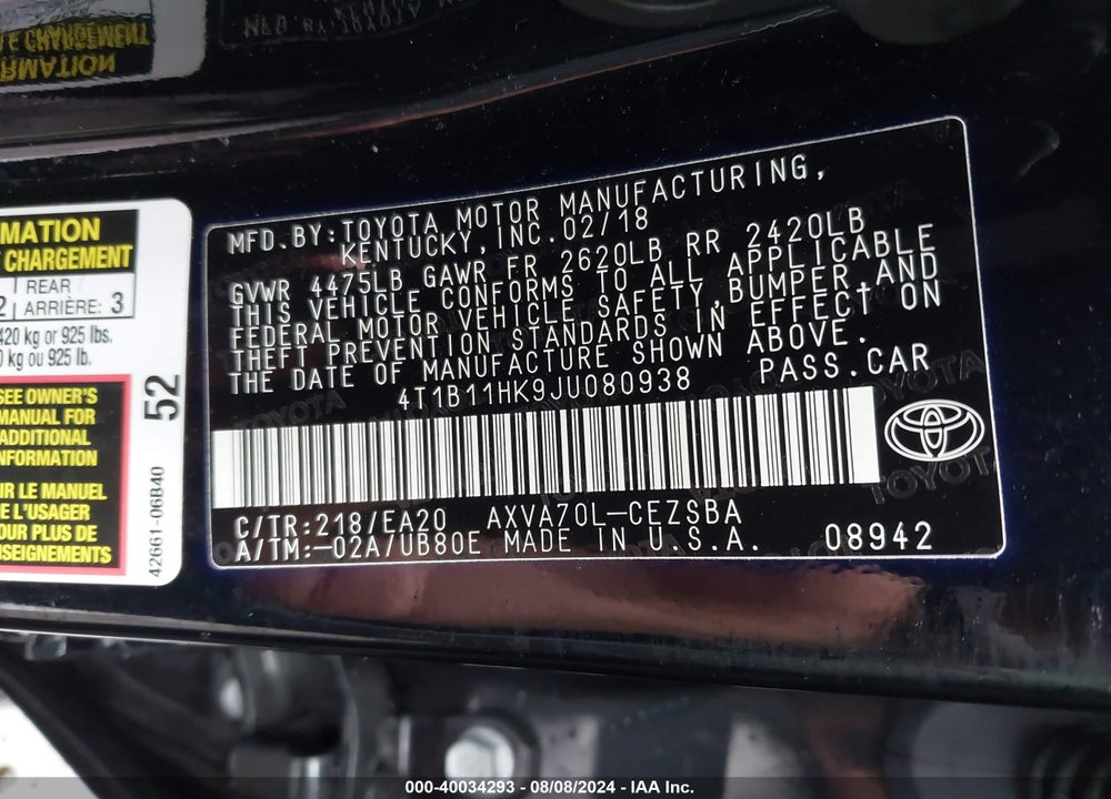 2018 TOYOTA CAMRY SE VIN: 4T1B11HK9JU080938