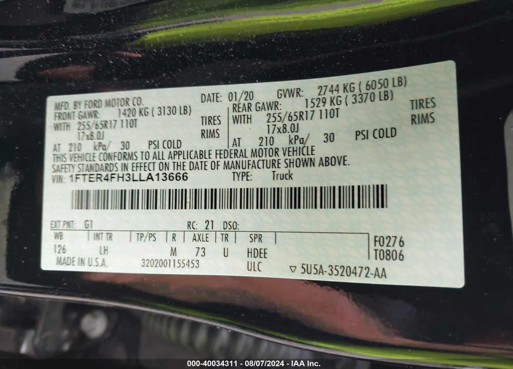 2020 RANGER FORD  XLT VIN: 1FTER4FH3LLA13666