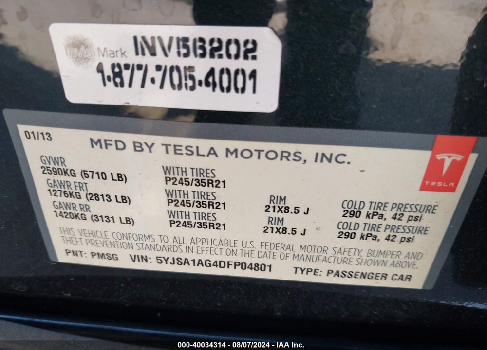 2013 TESLA MODEL S VIN: 5YJSA1AG4DFP04801