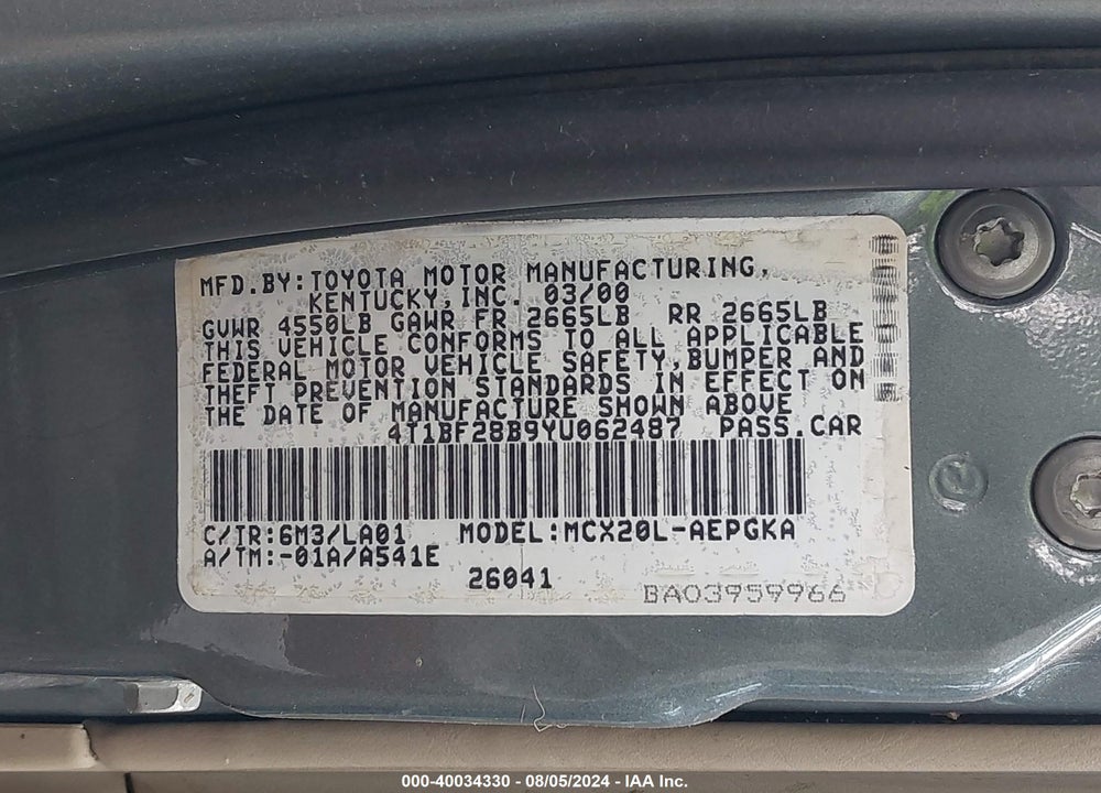 2000 TOYOTA AVALON XLS VIN: 4T1BF28B9YU062487