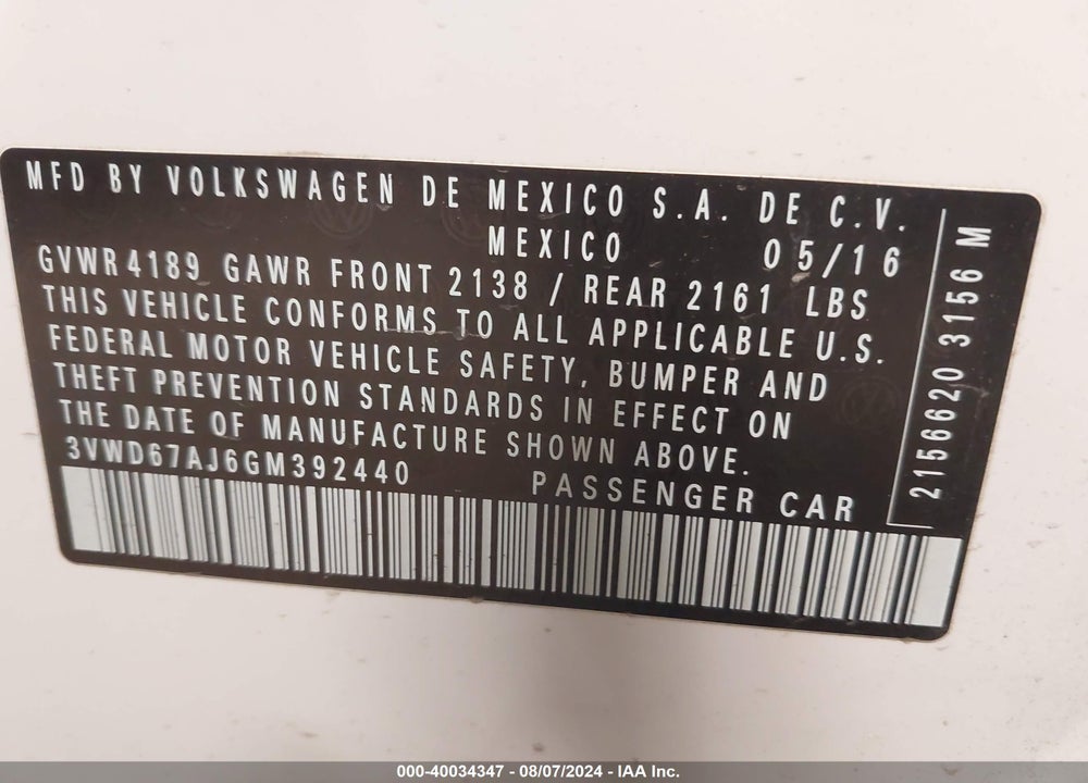 2016 VOLKSWAGEN JETTA VIN: 3VWD67AJ6GM392440