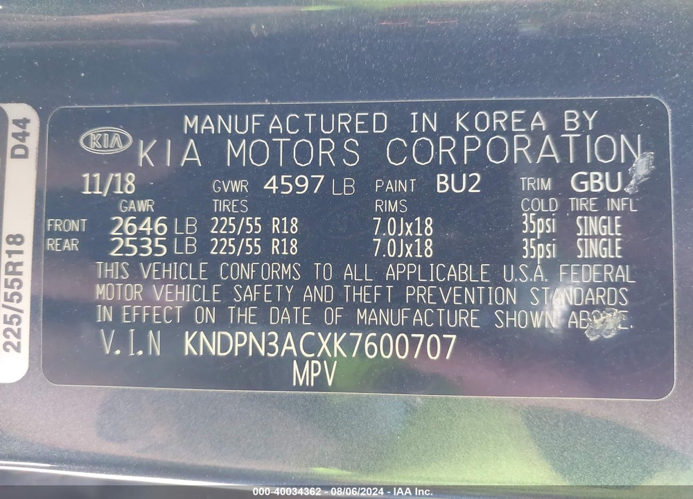 2019 KIA SPORTAGE EX VIN: KNDPN3ACXK7600707