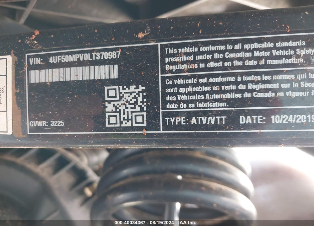 2020 TRACKER OFF ROAD VIN: 4UF50MPV0LT370987