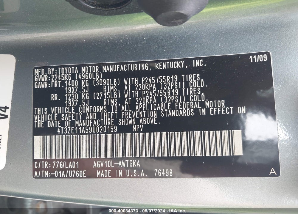 2009 TOYOTA VENZA VIN: 4T3ZE11A59U020159