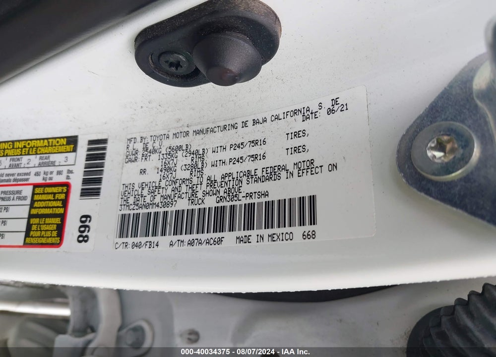 2021 TOYOTA TACOMA SR V6 VIN: 3TMCZ5AN0MM430897