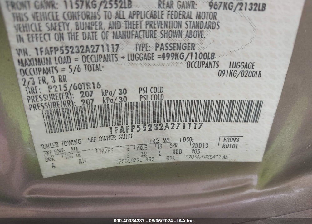 2002 FORD TAURUS SES VIN: 1FAFP55232A271117