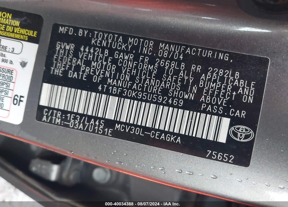 2005 TOYOTA CAMRY XLE V6 VIN: 4T1BF30K95U592469