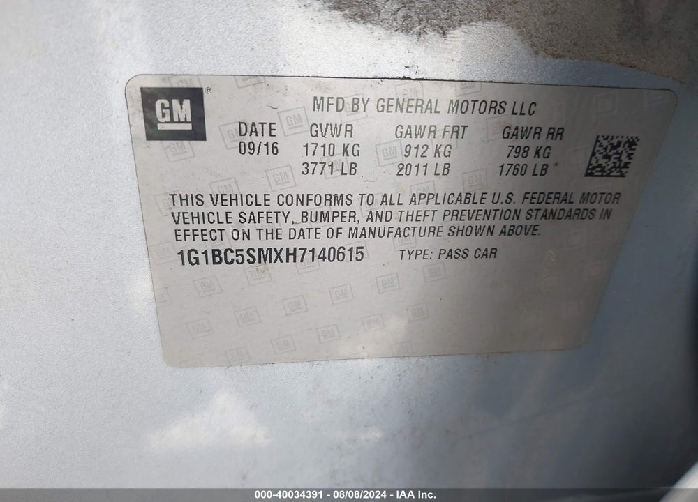 2017 CHEVROLET CRUZE LS AUTO VIN: 1G1BC5SMXH7140615