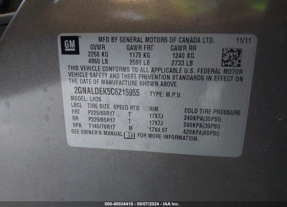 2012 CHEVROLET EQUINOX 1LT VIN: 2GNALDEK5C6215955