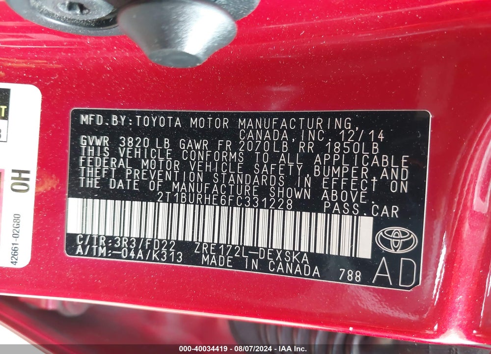 2015 TOYOTA COROLLA S PLUS VIN: 2T1BURHE6FC331228