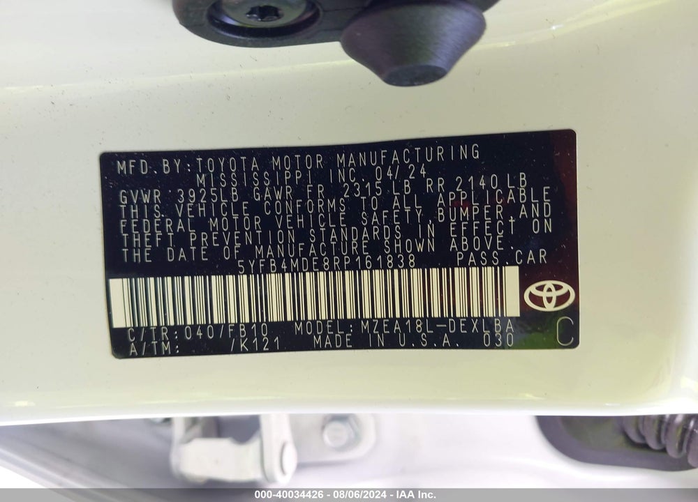 2024 TOYOTA COROLLA LE VIN: 5YFB4MDE8RP161838
