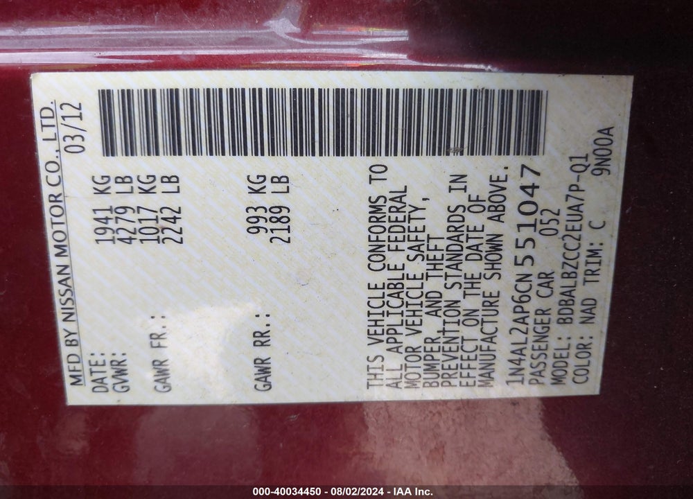 2012 NISSAN ALTIMA 2.5 S VIN: 1N4AL2AP6CN551047