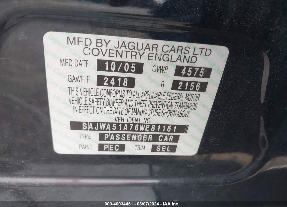 2006 JAGUAR X-TYPE 3.0 VIN: SAJWA51A76WE81161