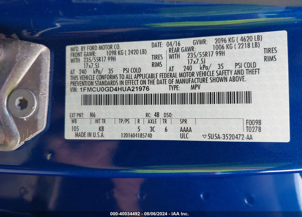 2017 FORD ESCAPE SE VIN: 1FMCU0GD4HUA21976