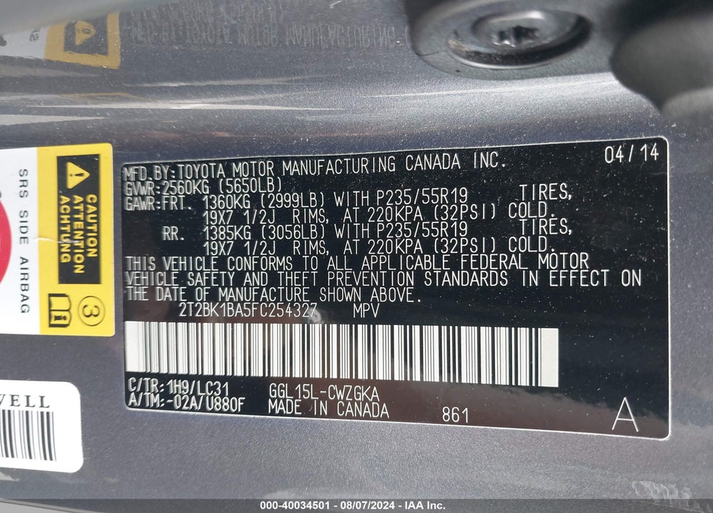2015 LEXUS RX 350 F-SPORT VIN: 2T2BK1BA5FC254327