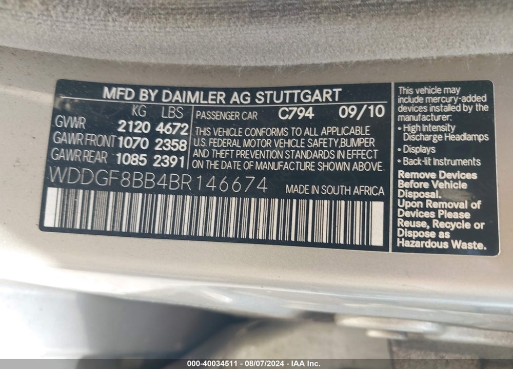 2011 MERCEDES-BENZ C 300 LUXURY 4MATIC/SPORT 4MATIC VIN: WDDGF8BB4BR146674