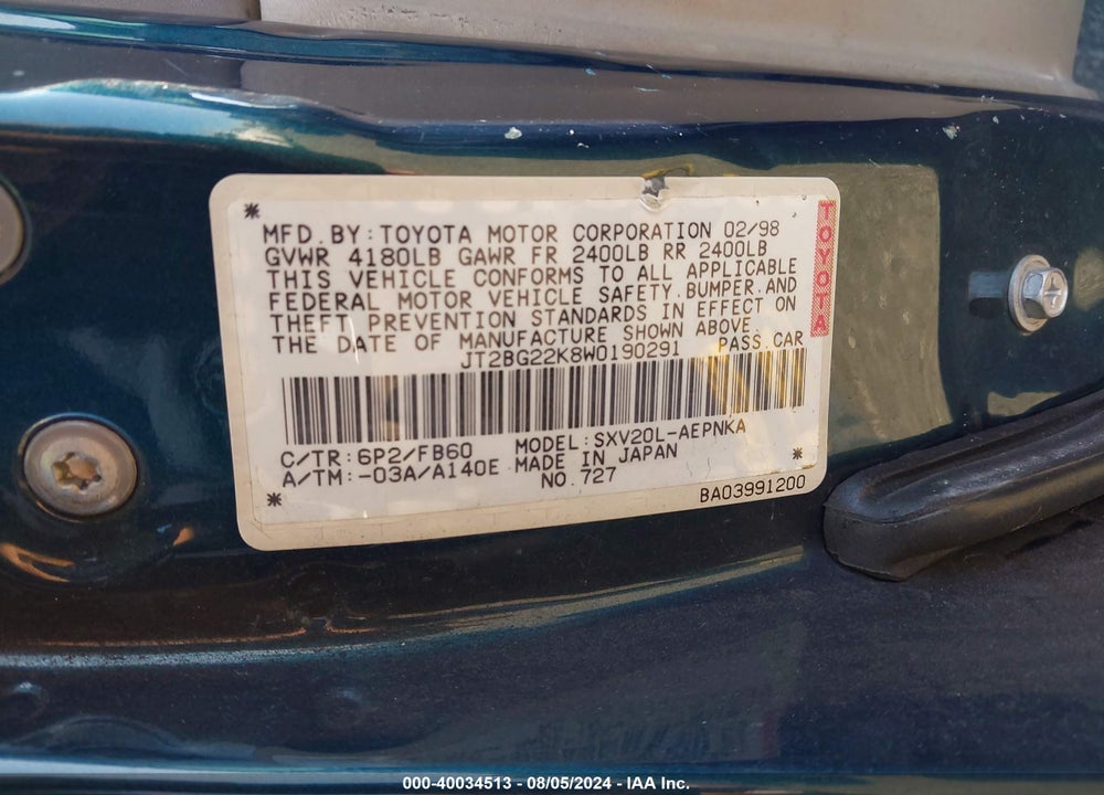 1998 TOYOTA CAMRY LE VIN: JT2BG22K8W0190291