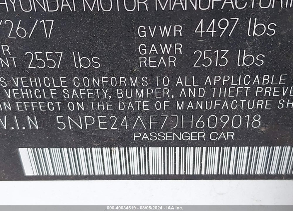 2018 HYUNDAI SONATA SE VIN: 5NPE24AF7JH609018