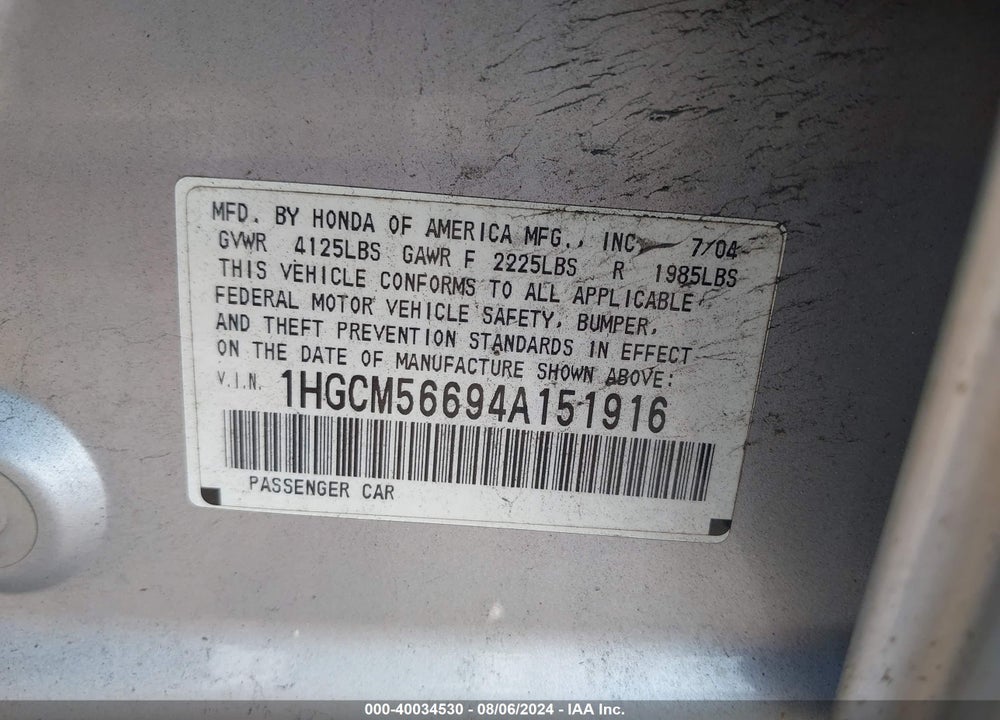2004 HONDA ACCORD 2.4 EX VIN: 1HGCM56694A151916