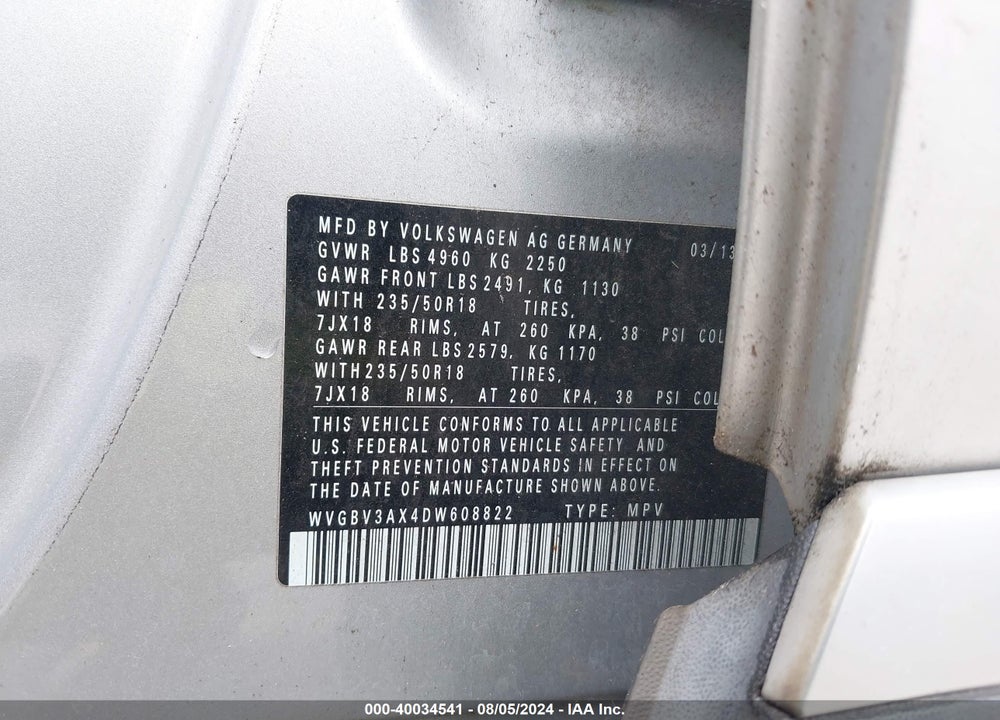 2013 VOLKSWAGEN TIGUAN SE VIN: WVGBV3AX4DW608822