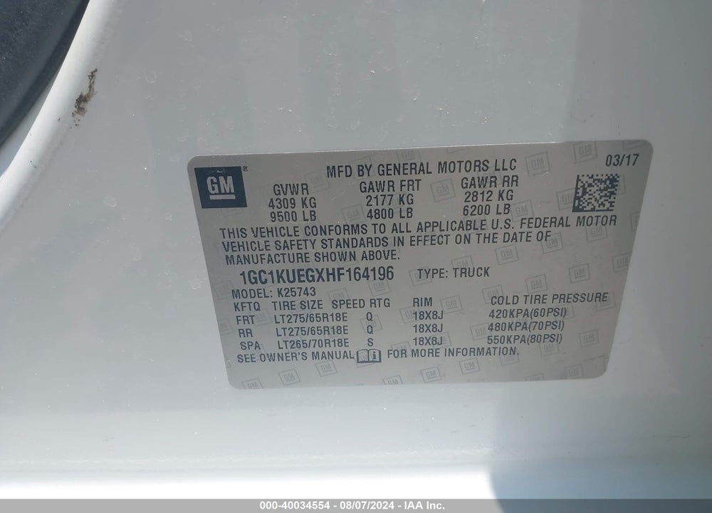2017 CHEVROLET SILVERADO 2500HD WT VIN: 1GC1KUEGXHF164196