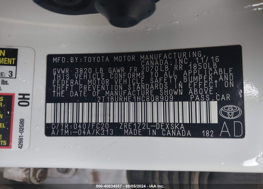 2017 TOYOTA COROLLA SE VIN: 2T1BURHE1HC808909