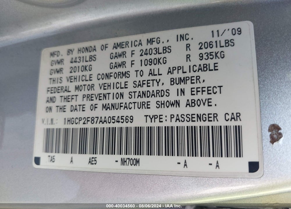 2010 HONDA ACCORD SDN 2.4 EX-L/EX-L VIN: 1HGCP2F87AA054569