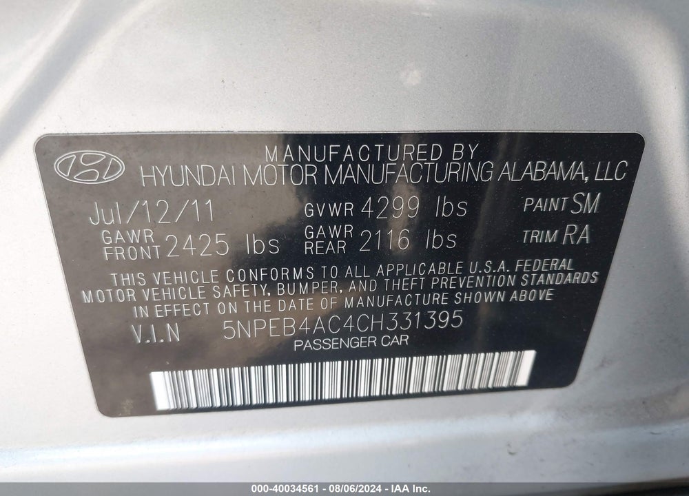 2012 HYUNDAI SONATA GLS VIN: 5NPEB4AC4CH331395
