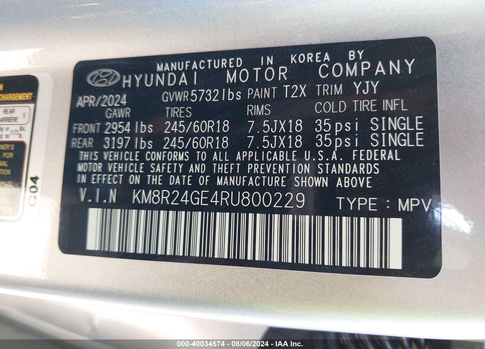 2024 HYUNDAI PALISADE SEL VIN: KM8R24GE4RU800229