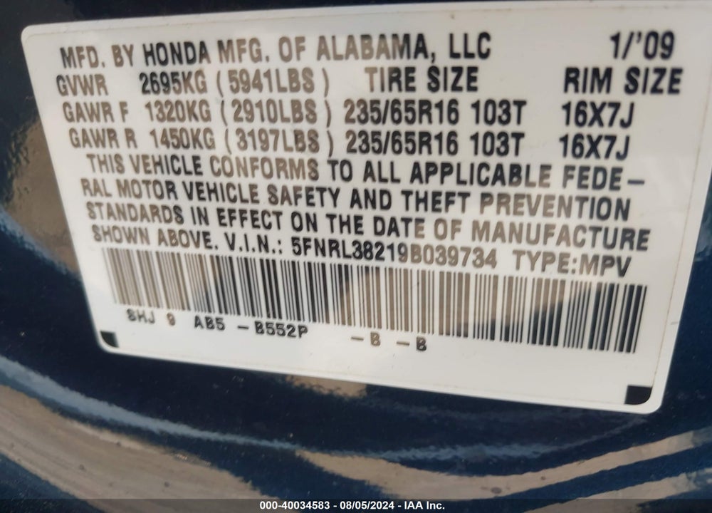 2009 HONDA ODYSSEY LX VIN: 5FNRL38219B039734