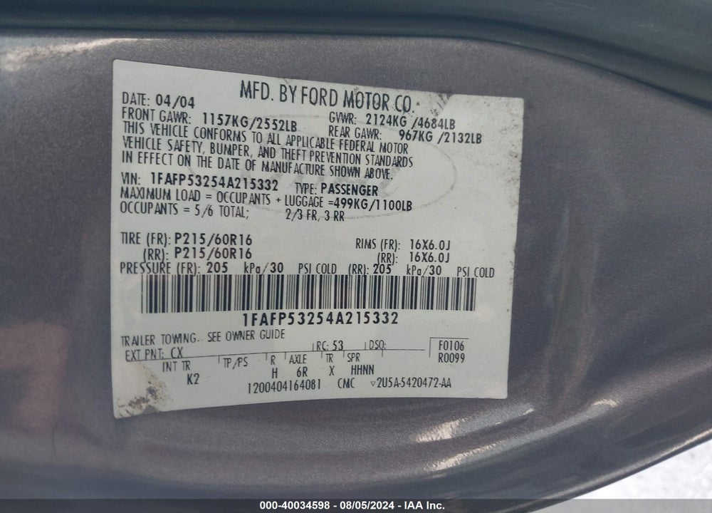 2004 FORD TAURUS SE VIN: 1FAFP53254A215332