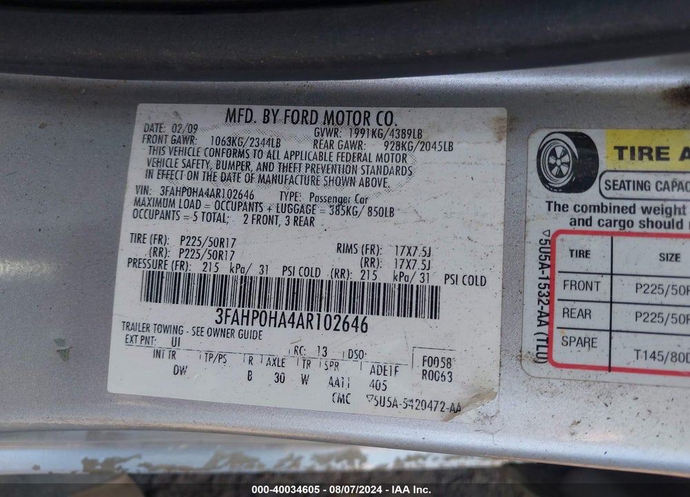 2010 FORD FUSION SE VIN: 3FAHP0HA4AR102646