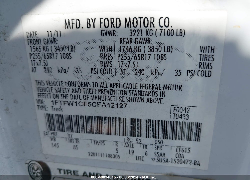 2012 FORD F-150 XL VIN: 1FTFW1CF5CFA12127