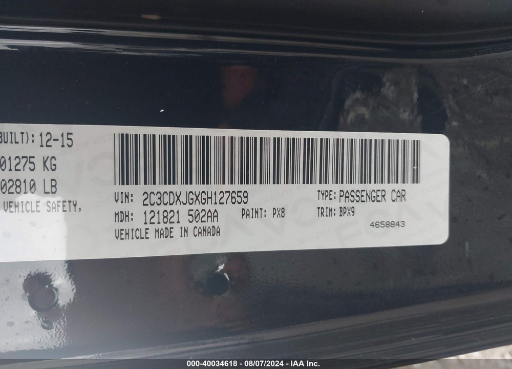 2016 DODGE CHARGER SXT VIN: 2C3CDXJGXGH127659