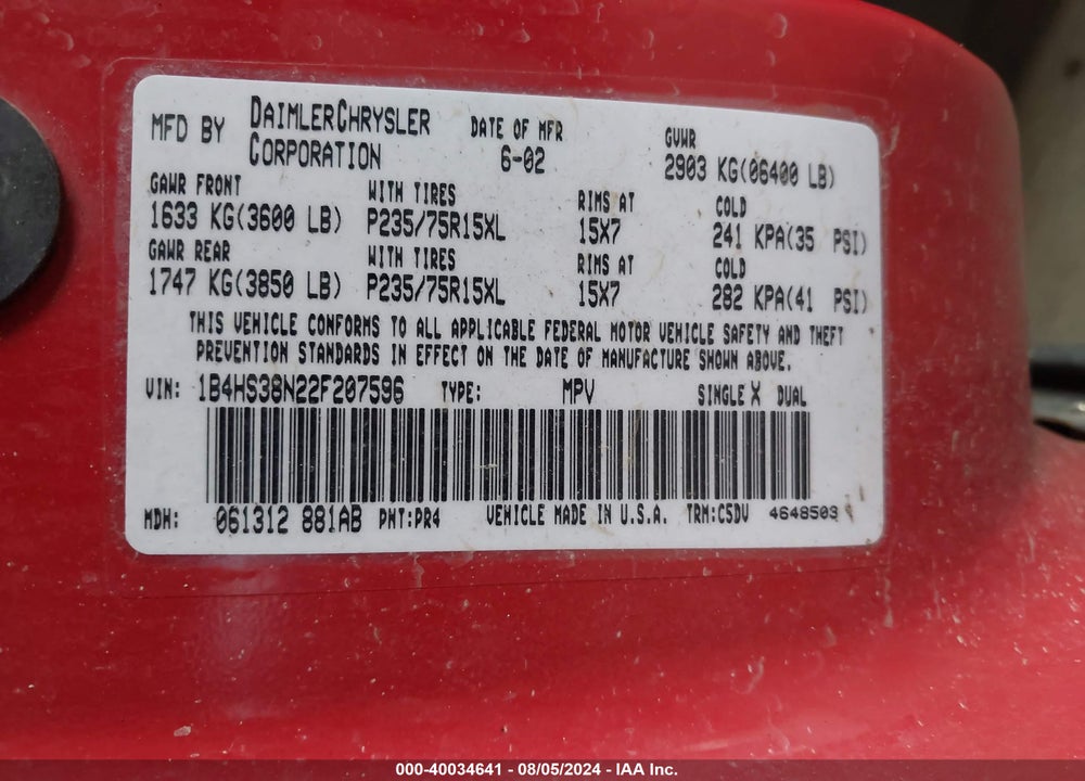2002 DODGE DURANGO SPORT VIN: 1B4HS38N22F207596