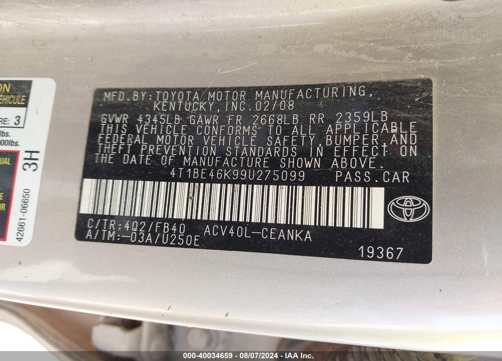 2009 TOYOTA CAMRY VIN: 4T1BE46K99U275099