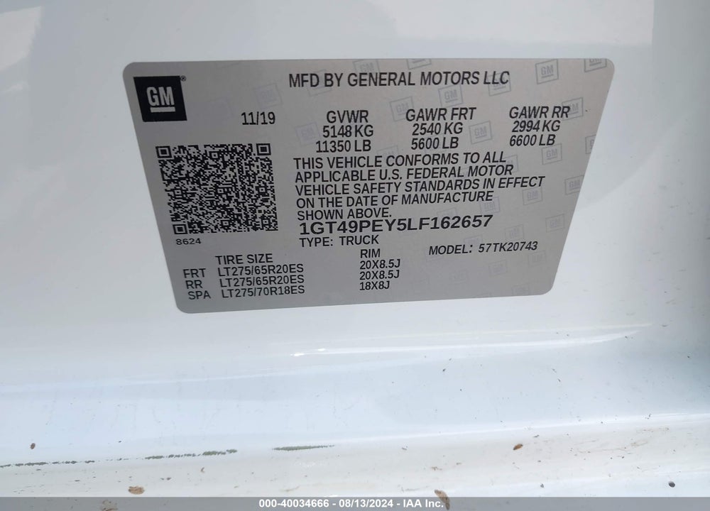 2020 GMC SIERRA 2500HD 4WD STANDARD BED AT4 VIN: 1GT49PEY5LF162657