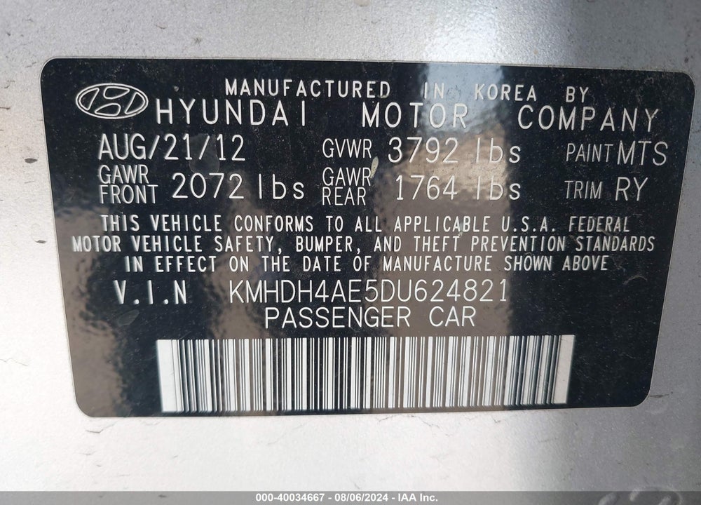 2013 HYUNDAI ELANTRA VIN: KMHDH4AE5DU624821