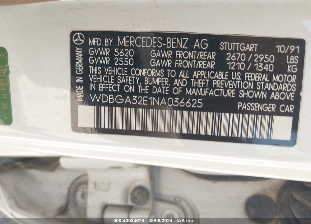 1992 MERCEDES-BENZ 300 SE VIN: WDBGA32E1NA036625