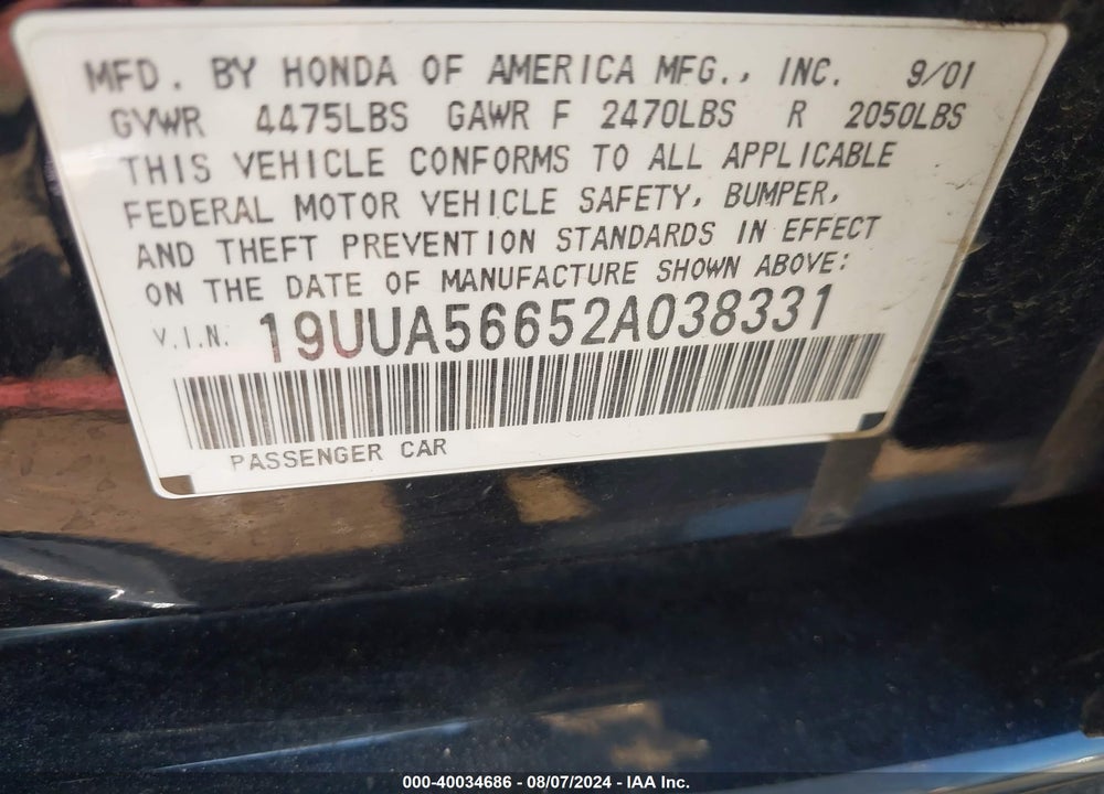 2002 ACURA TL 3.2 VIN: 19UUA56652A038331