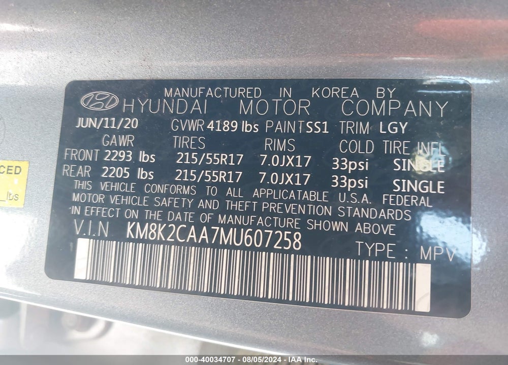 2021 HYUNDAI KONA SEL VIN: KM8K2CAA7MU607258