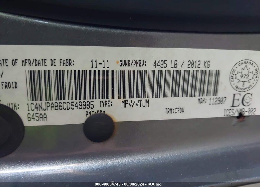 2012 JEEP PATRIOT SPORT/NORTH VIN: 1C4NJPAB6CD549985