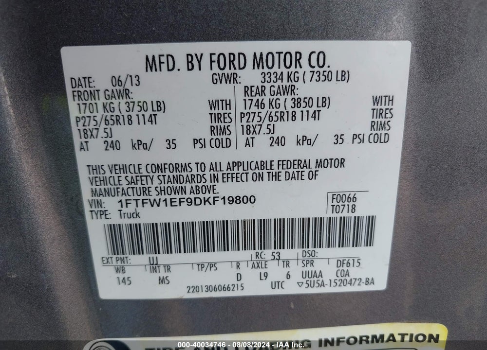 2013 FORD F-150 XLT VIN: 1FTFW1EF9DKF19800