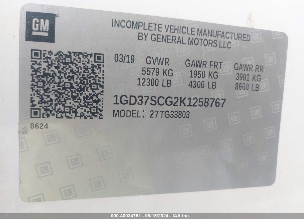 2019 GMC SAVANA CUTAWAY WORK VAN VIN: 1GD37SCG2K1258767