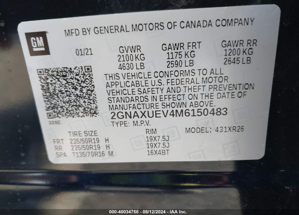 2021 CHEVROLET EQUINOX AWD LT VIN: 2GNAXUEV4M6150483
