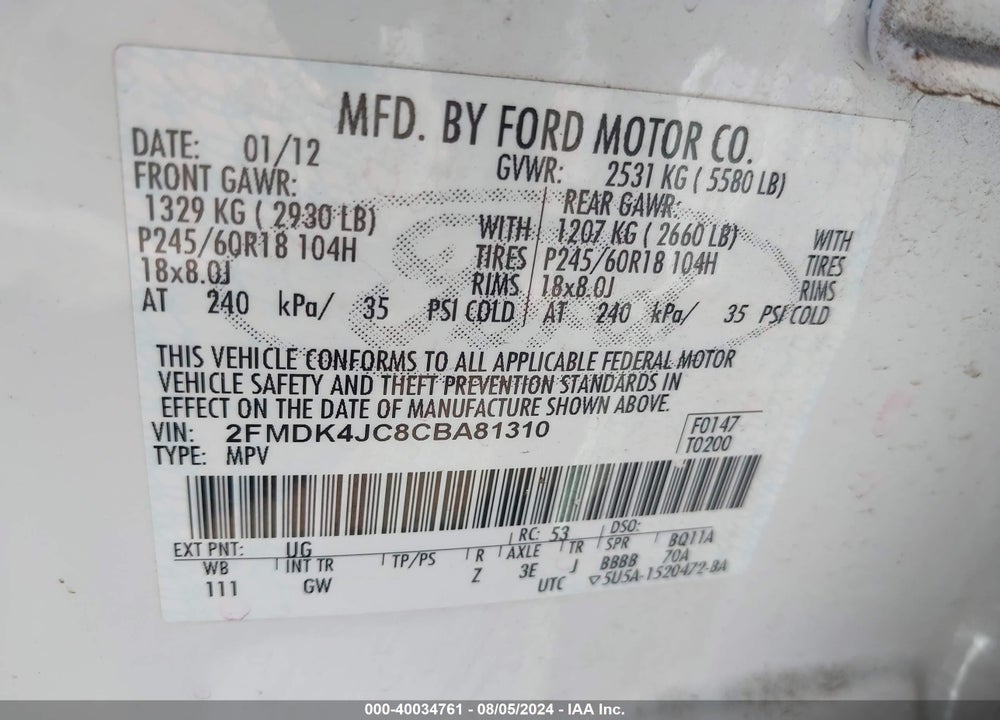 2012 FORD EDGE VIN: 2FMDK4JC8CBA81310