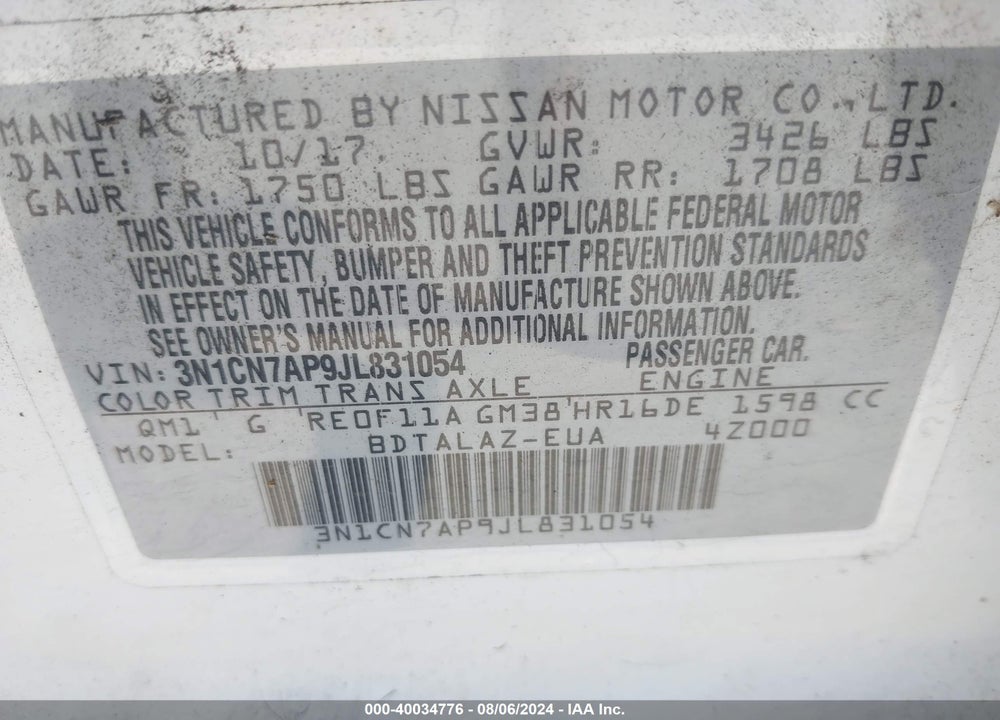 2018 NISSAN VERSA 1.6 S+ VIN: 3N1CN7AP9JL831054