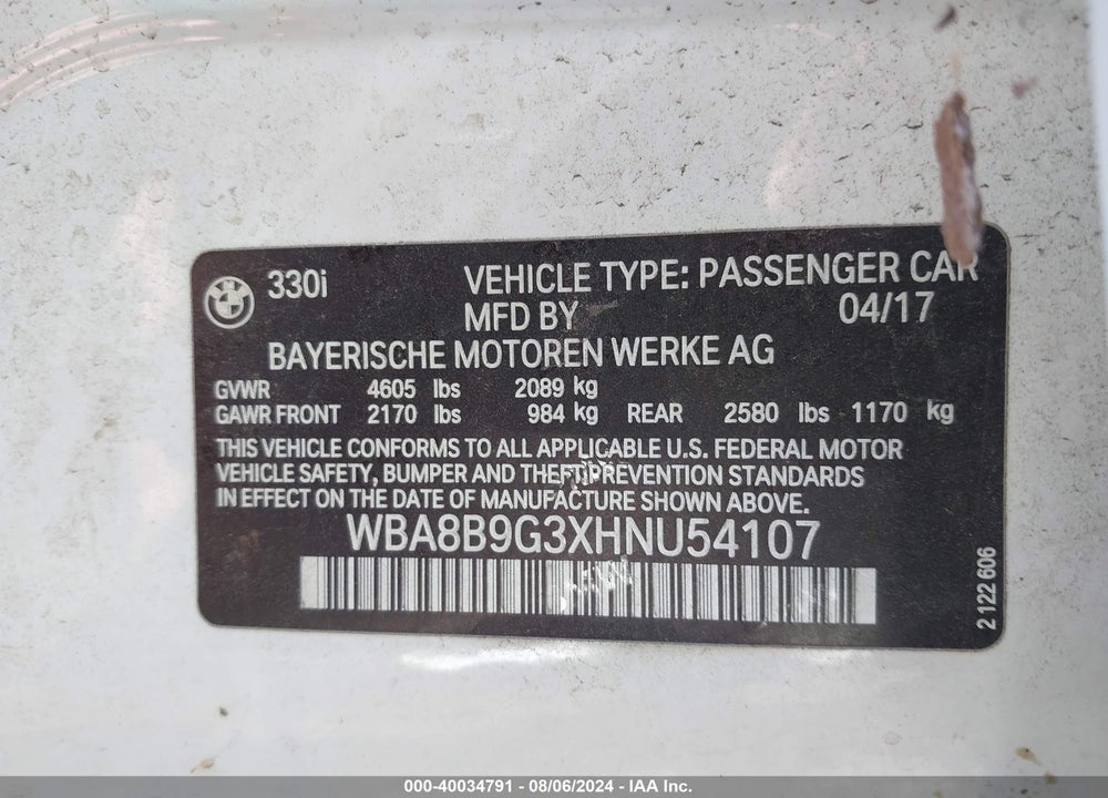 2017 BMW 330I VIN: WBA8B9G3XHNU54107