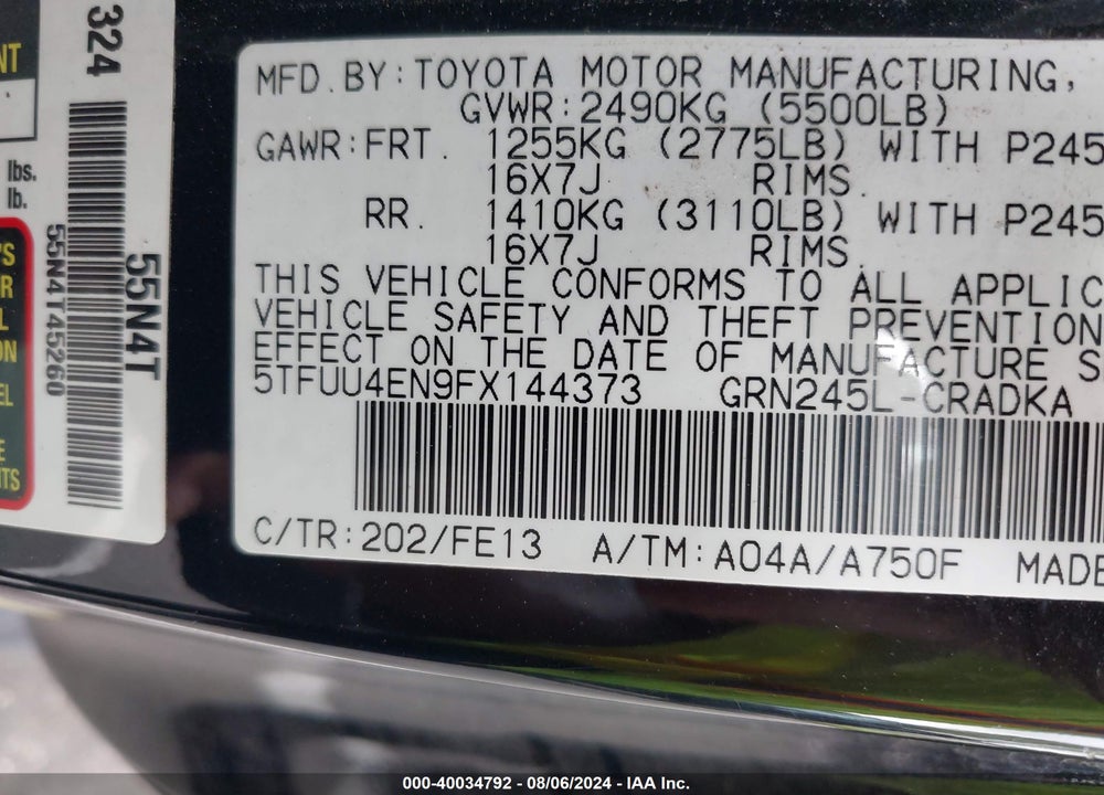2015 TOYOTA TACOMA VIN: 5TFUU4EN9FX144373